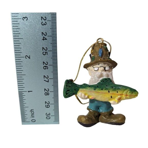 Fisherman with Waders Holding a Trout Fish Hanging Ornament Resin 2.75 x 2.25 in - Picture 3 of 5